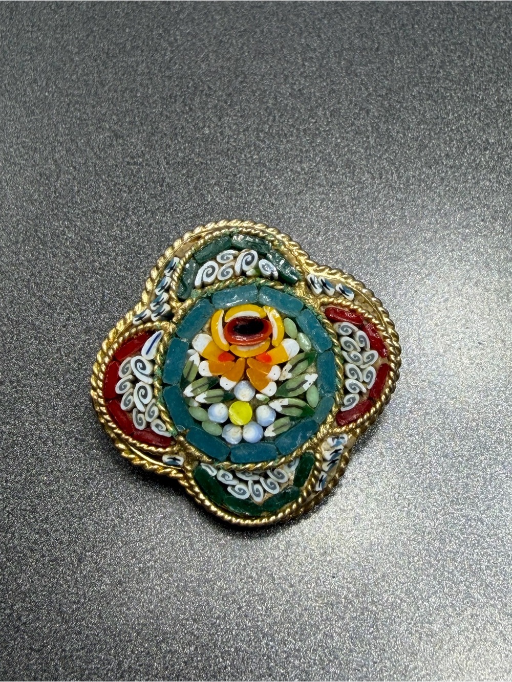 Vintage  Floral Micro Mosaic Brooch with Gold Rope Frame #28mo
